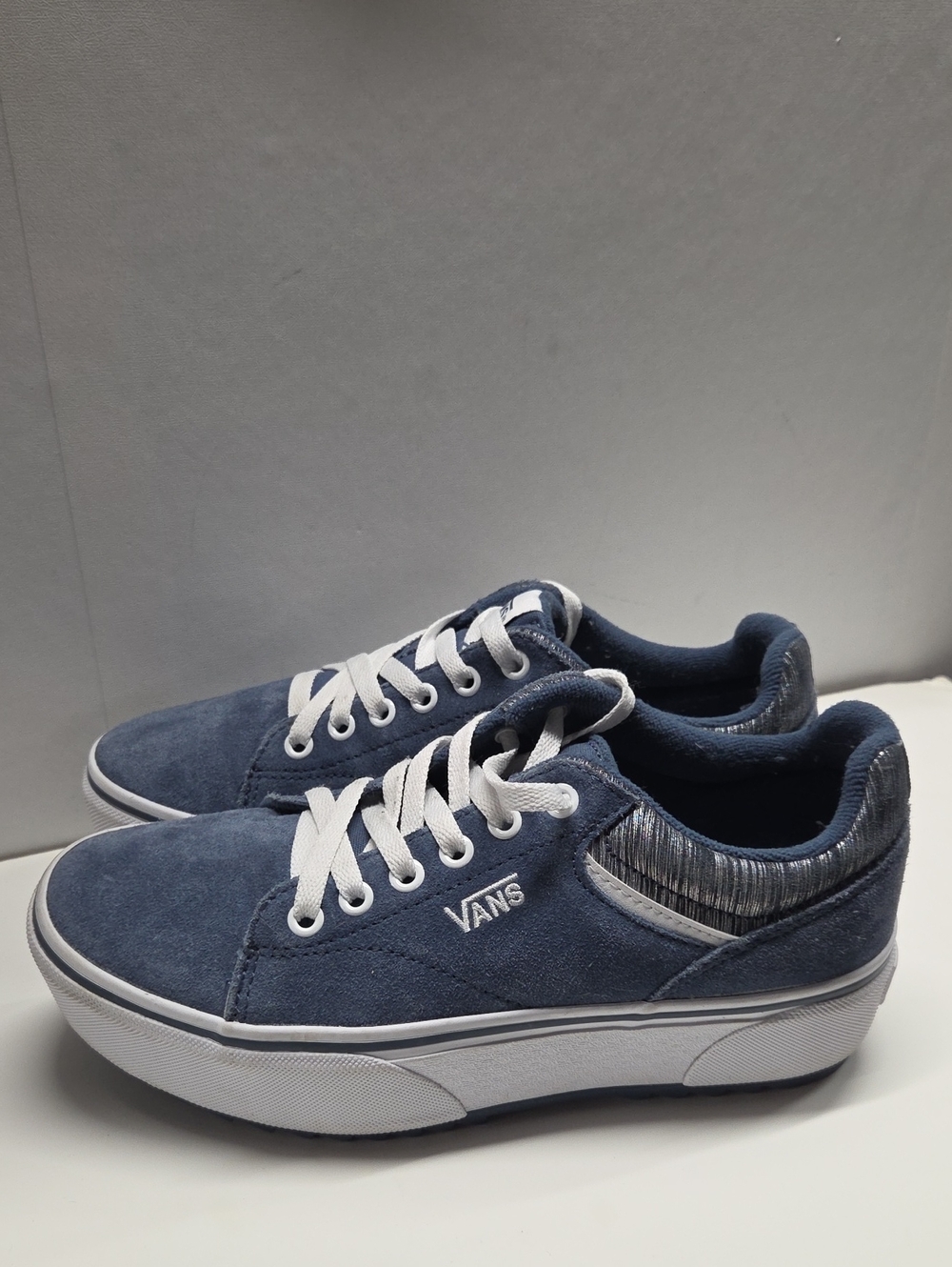 Vans Women's Navy Suede Platform Sneakers with White Accents Size 8
